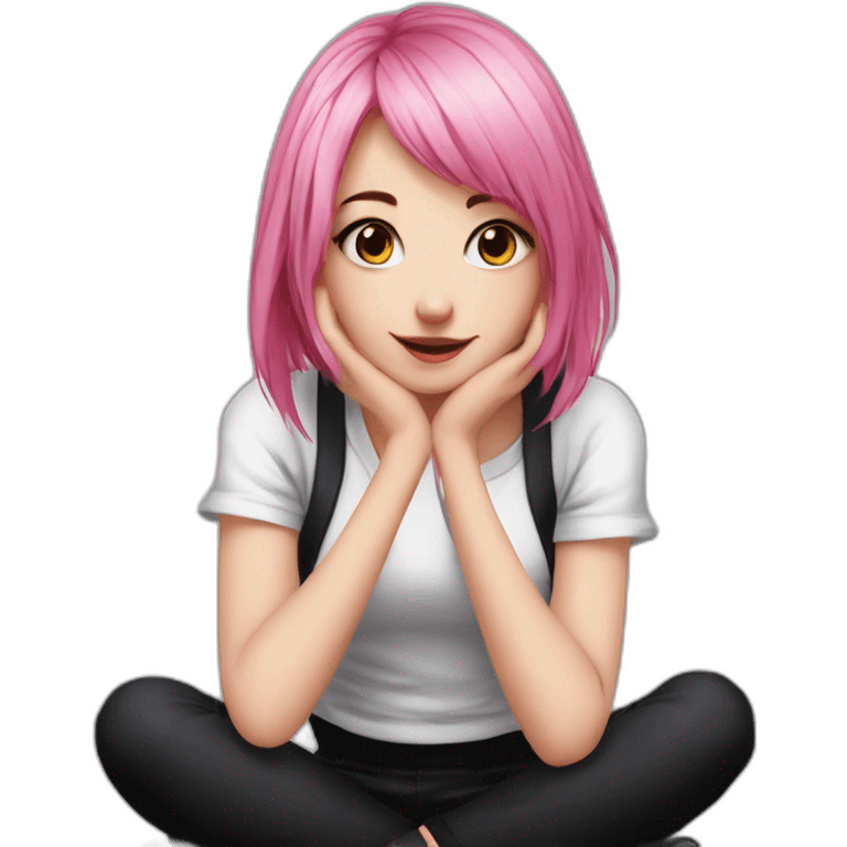 Full body Front view curvy emo girl pink hair sits on the floor straight view hands up black skirt белые трусики emoji