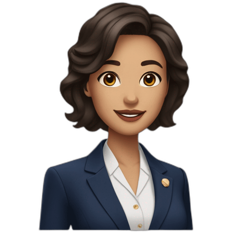 Beautiful woman with dark brown hair, big almond shape brown eyes wirh long eyelashes, pretty smile with medium full lips, defined jawline, medium size nose, wearing a navy power suit  emoji