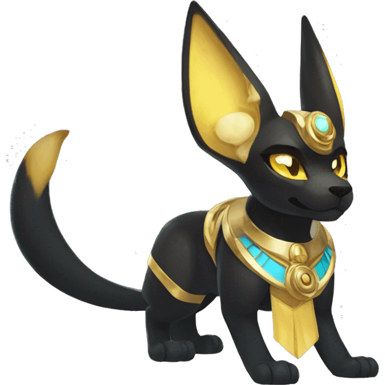 Black godly overpowered ethereal majestic Egyptian Lucario-Umbreon-Cat. Golden Anubis-Rings and yellow ring-markings. Full body emoji