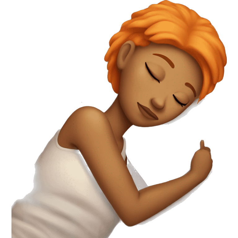 Tan girl with orange hair sleeping on pillow in bed emoji