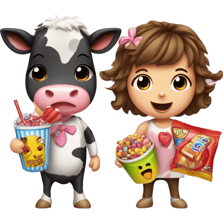 A cute girl cow and a cute boy cow. Both eating candy and snacks, surrounded by candy and snacks and drinks emoji