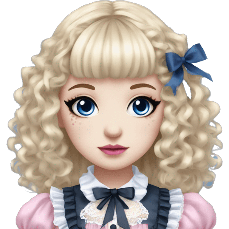 pale woman with blonde curly hair and bangs, pink lips and eyeshadow, long eyelashes, blue eyes, blue Lolita dress with laces and ribbons, gothic Lolita doll look emoji