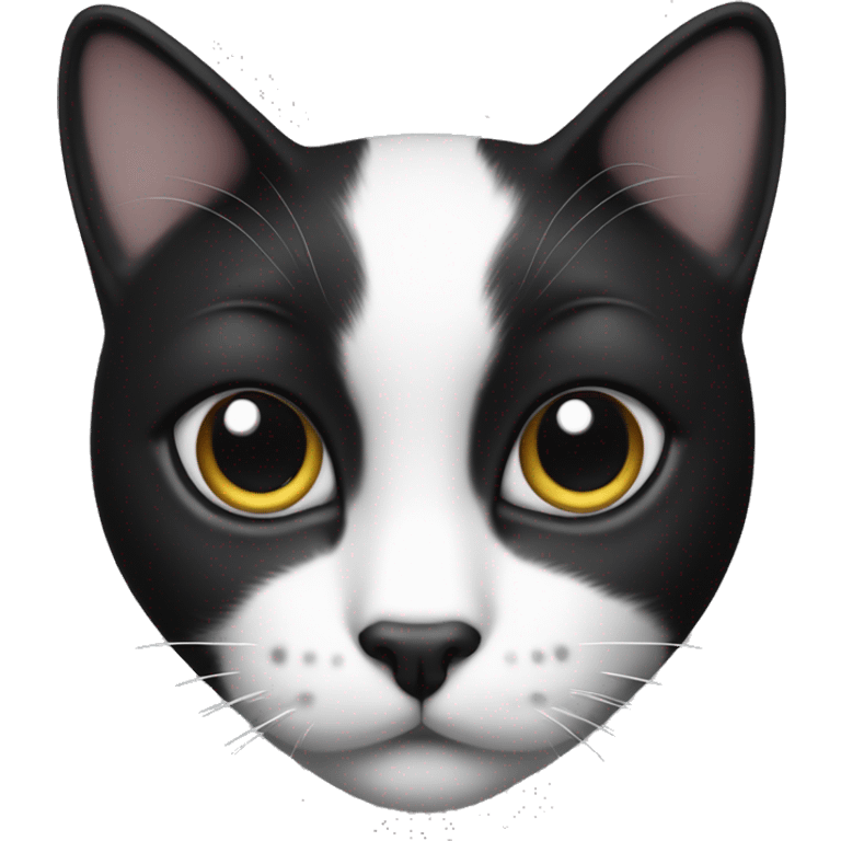 Black and white cat, black dots on left and right ears and right eye emoji