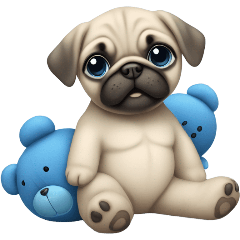 Baby pug with big blue eyes hugging a blue teddy bear  emoji