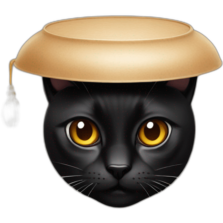 Black cat with brown eyes with a lid in his mouth emoji