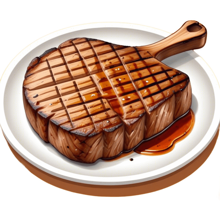 Cinematic thick-cut scotch t-bone steak, perfectly seared with grill marks, a grilled center, rich and savory, warm glow, sizzling and mouthwatering, highly detailed and appetizing. emoji