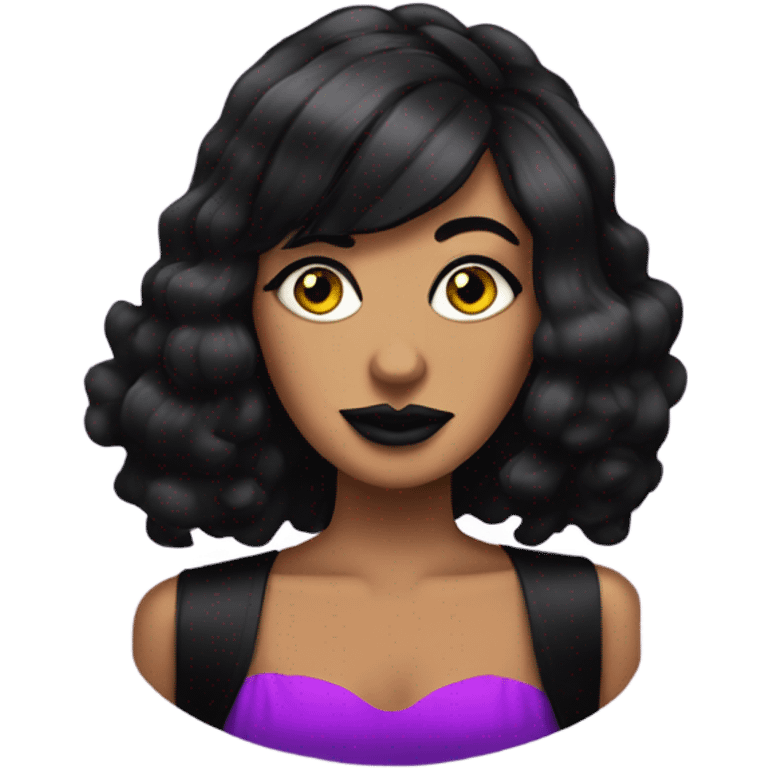 Tanned woman with black hair dressed in 1990s goth hair, makeup, and neon attire  emoji