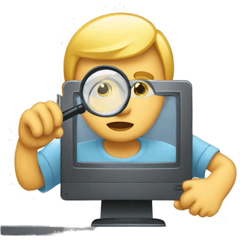 man using magnifying glass to read a computer monitor emoji