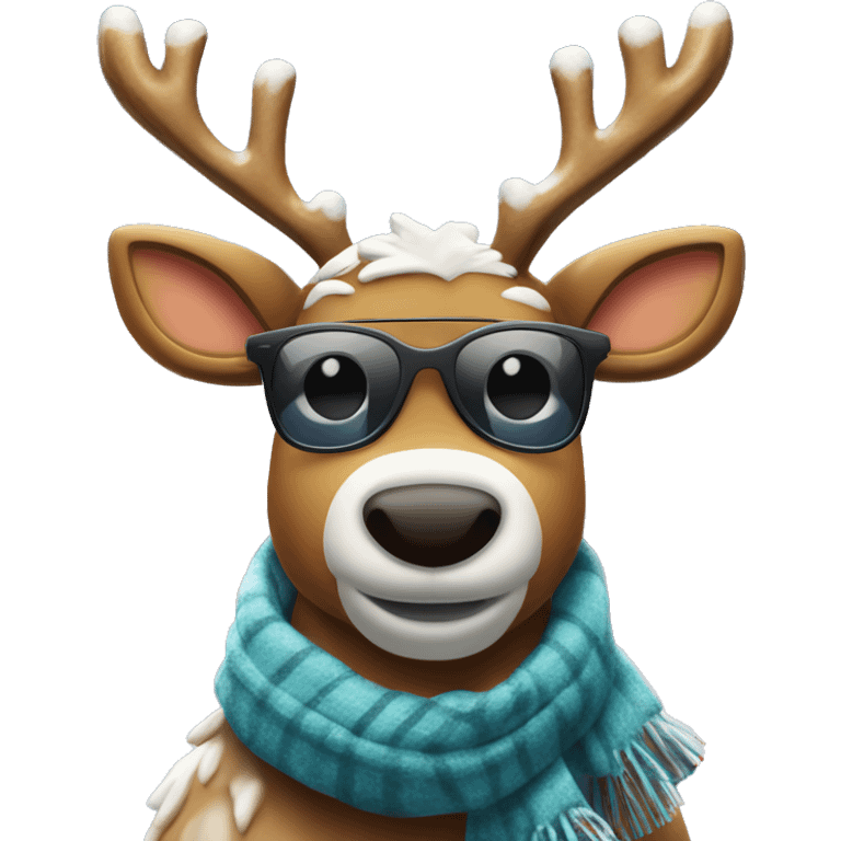 “A cool reindeer with sleek antlers wrapped in Christmas lights, wearing sunglasses and a scarf, in a snowy setting.” emoji