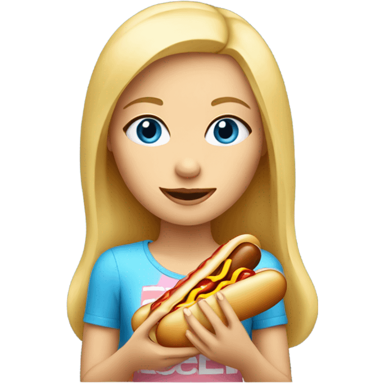 Blonde girl with blue eyes with a hot dog emoji