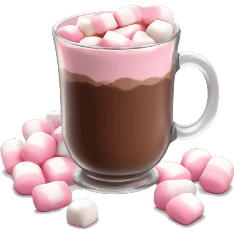 Hot chocolate in glass mug with lots of pink and white marshmallows emoji