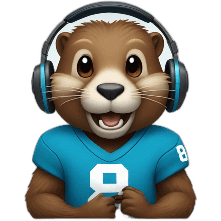 beaver with headphones, two longs front teeths and blue jersey with number 84 emoji