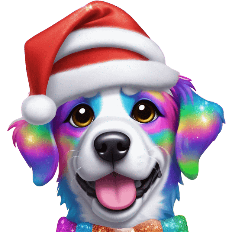 Lisa frank Christmas sparkle￼ dog with Santa hat emoji