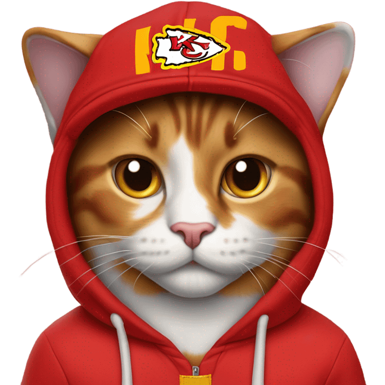 Calico cat wearing KC chiefs hoodie and chiefs ball cap emoji