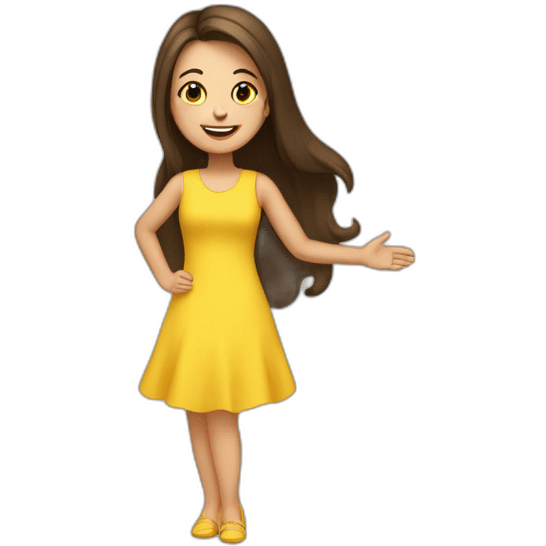 Brunette very happy girl with long hair shake her hand for say hi! to someone. She is wearing a yellow dress emoji