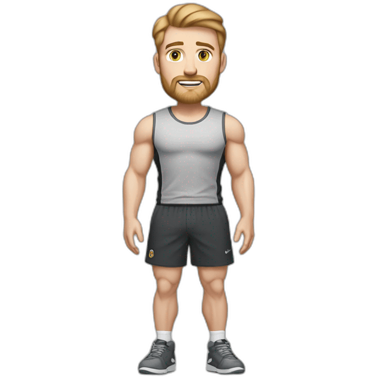 Full height Pale skinned muscular man With Realistic eyes and mouth, light brown hair and stubble In dark gray sleeveless mike, black oversize sports shorts, watch and white sneakers. emoji