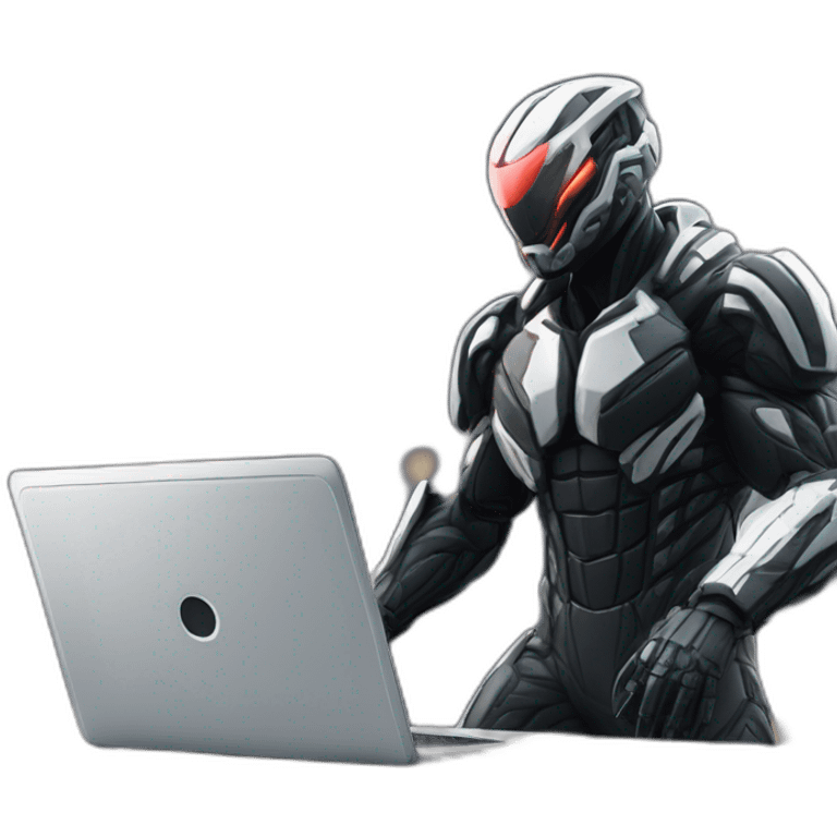 developer behind his laptop with this style : Crytek Crysis Video game with nanosuit hacker themed character emoji