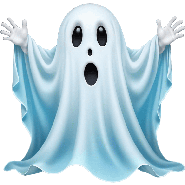 A hilariously exaggerated floating sheet ghost, its simple yet expressive form billowing with animated energy in vibrant whites and pale blues, with two wide, comically shocked eyes and a quirky, startled mouth, simplified yet overflowing with personality, highly detailed with a soft neon-like glowing outline, capturing the playful absurdity of a ghost caught off guard! emoji