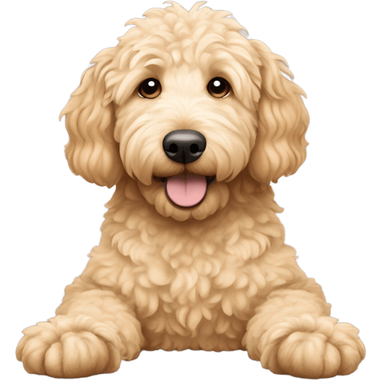 Golden doodle laying on their back with feet up emoji