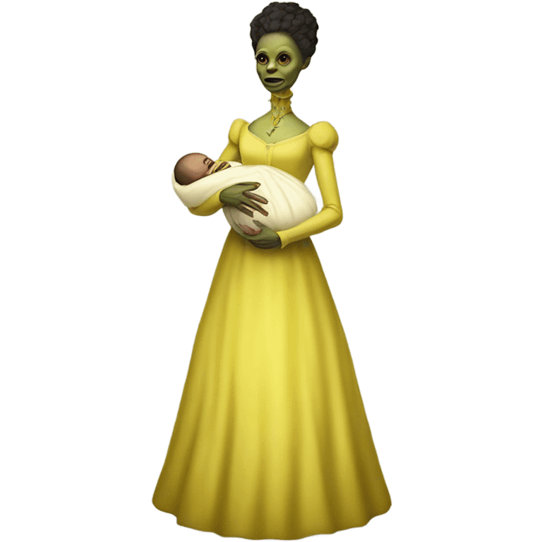  Reptilian alien woman, full body, in victorian jellow elegant dress, holds a newborn white humman baby emoji