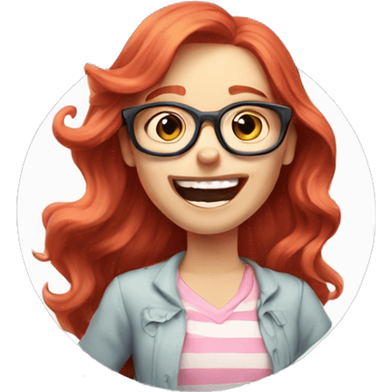 Pale, Long Wavy haired red head, girl with pink circular glasses glasses laughing and pointing emoji