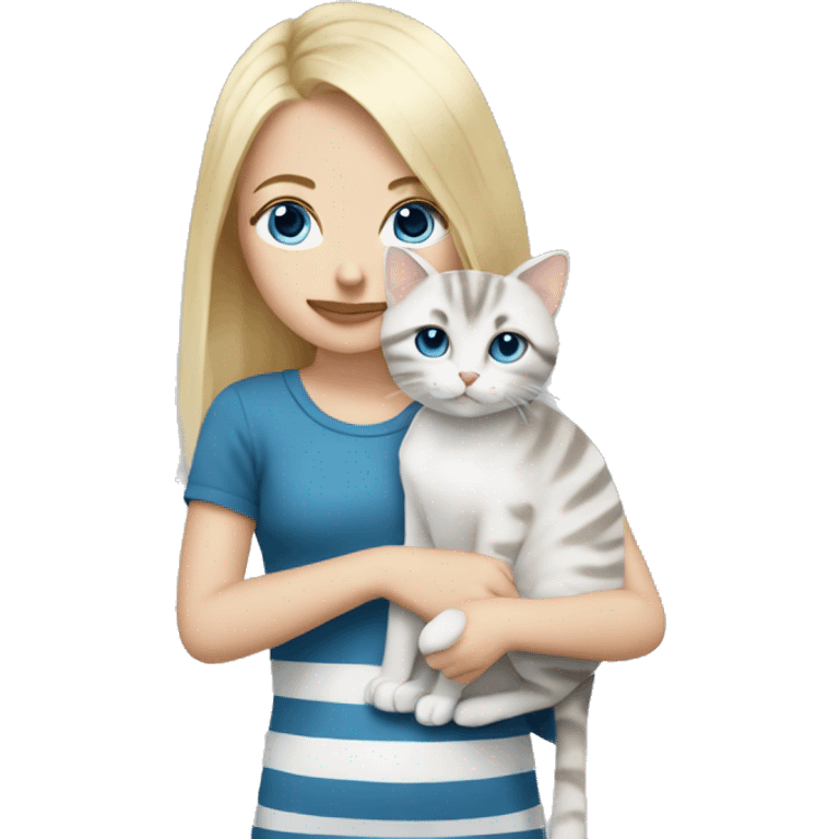 Blonde hair blue eye girl holding grey and white stripped cat  emoji