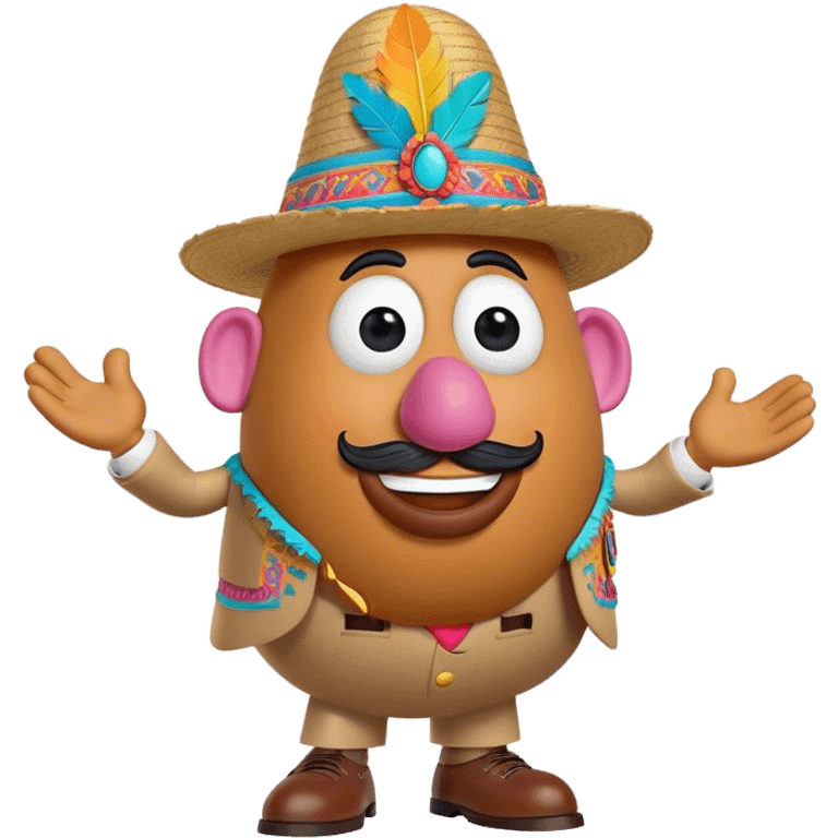 Create a 3D Pixar-style Mr. Potato Head character with a rounded, slightly uneven shape, expressive eyes, a wide smile, and cartoonish limbs, dressed in a colorful suit with intricate embroidery, a vibrant hat adorned with a feather emoji