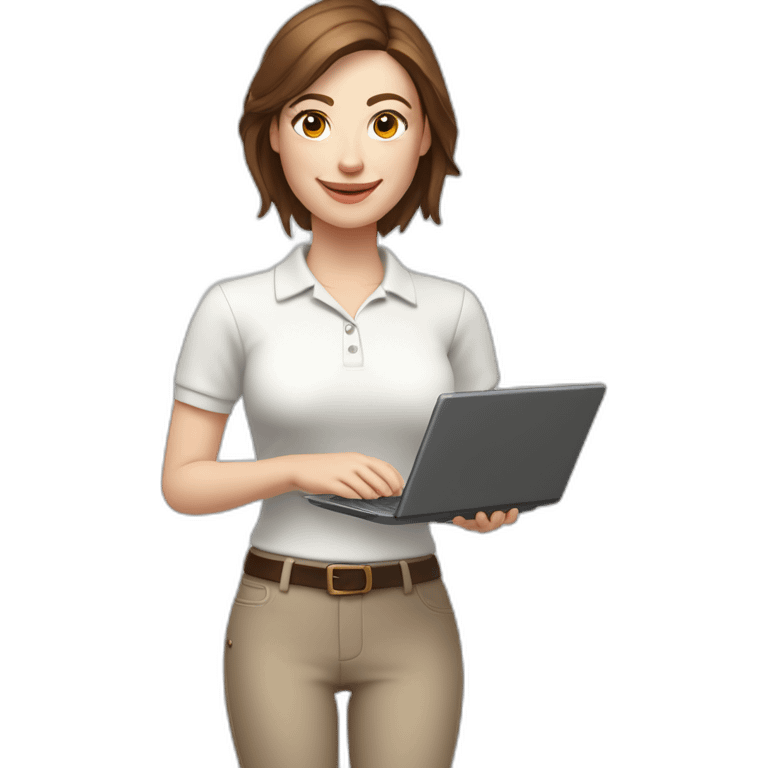 Smiling pale skin woman wearing a white woolly polo shirt with middle brown straight hair holding a laptop and a coffee mug on her right hand not full body shot emoji