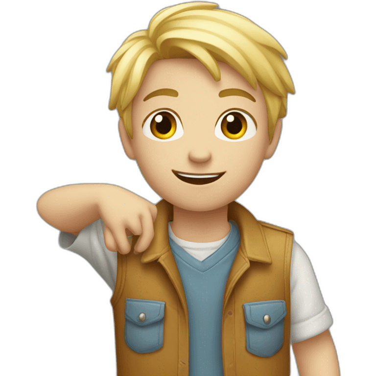 Young blond with plus eyes child with a arm in the pocket and his right arm toward the sky emoji