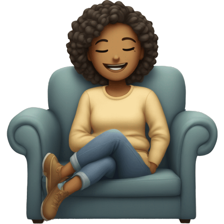 smiling girl on cozy couch with her eyes closed emoji