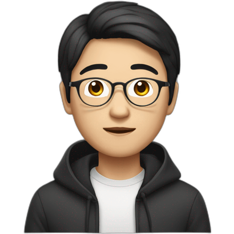 A mature Chinese boy with black hair and circle-shaped eyeglasses wearing black hoodie emoji