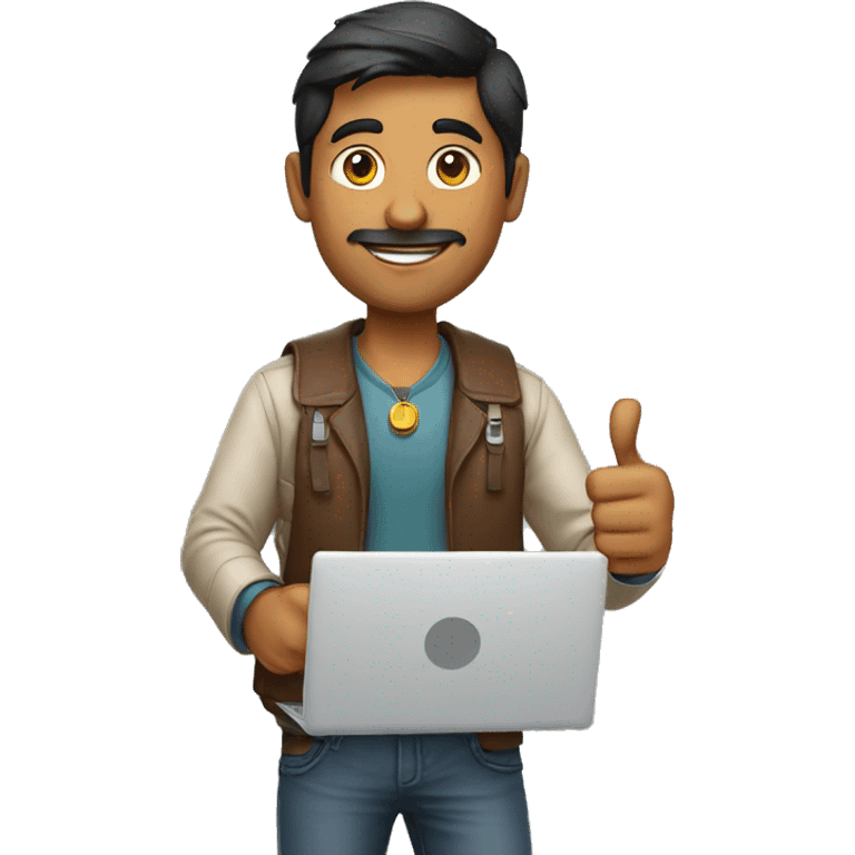 indian college man holding laptop thumbs up emoji