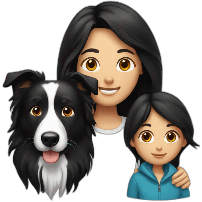 Family, man, long black hair woman and border collie emoji