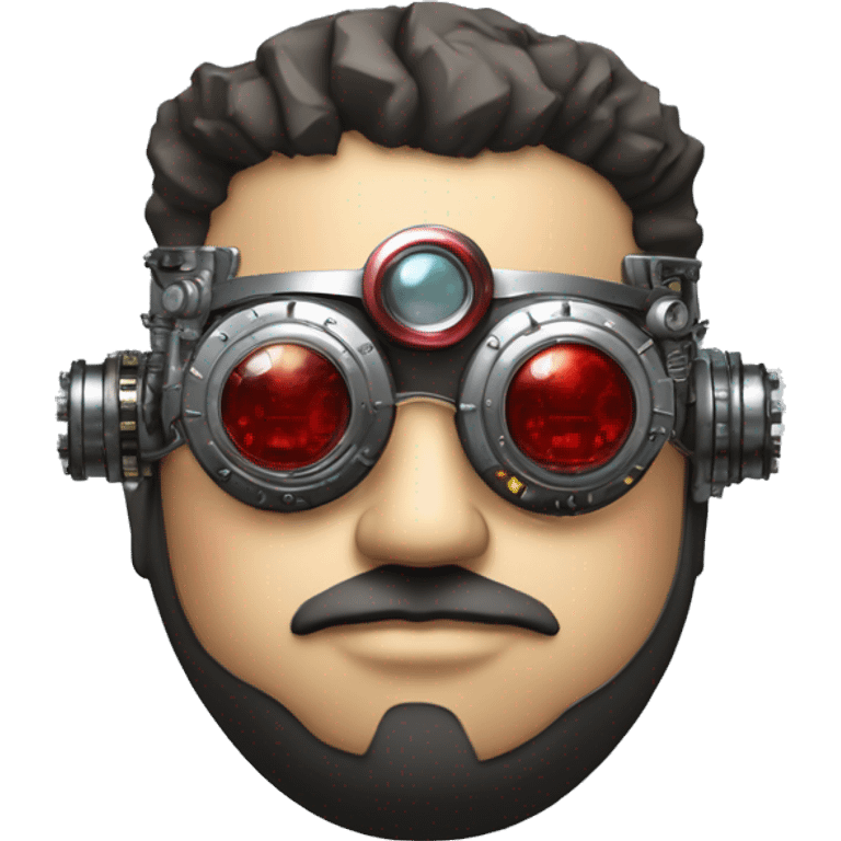 Fat cyborg head with red silver steampunk goggles, black beard and circuits emoji