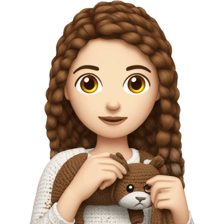 White girl with straight brown hair crocheting an animal emoji