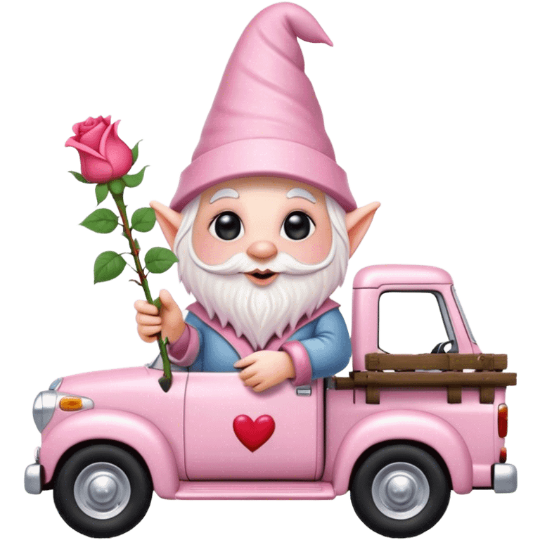 An adorable little pale pink Valentine’s Day style gnome with large glistening eyes, holding a rose with hearts in the background riding in the back of a beat up old pick up truck emoji