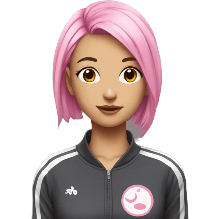 Anime girl with pink hair with tracksuit on with a striped top  emoji