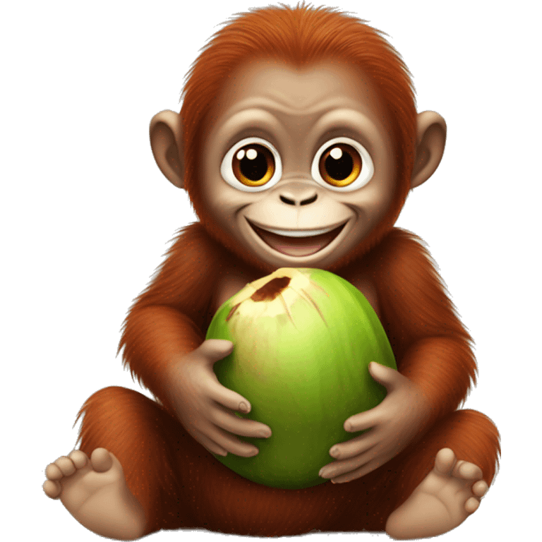 Smiling baby orangutan holding a coconut emoji