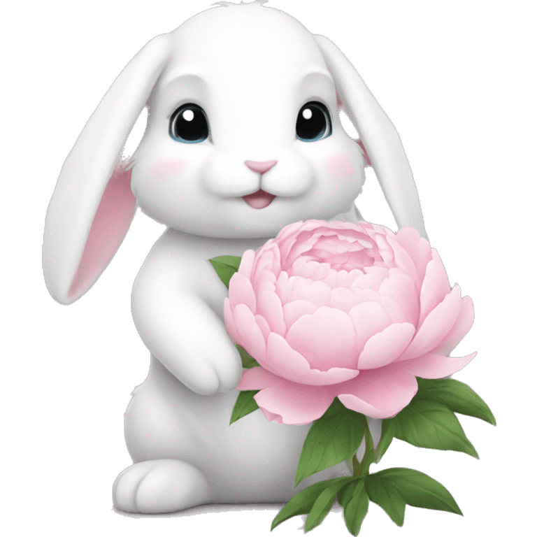 cute white bunny holding light pink peonies emoji