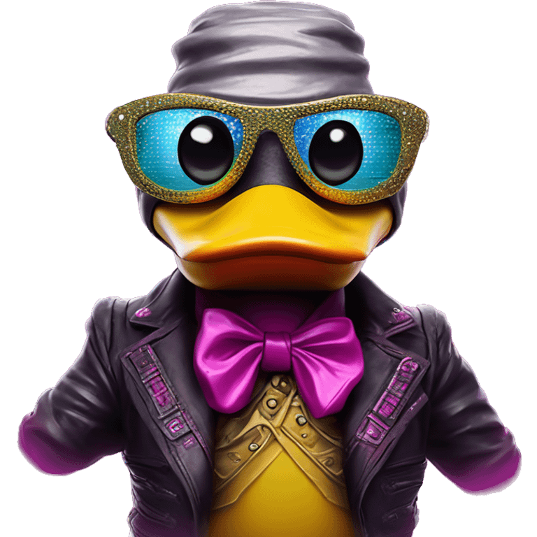 Synthwave rubberduck in Lordi style, oil paint, epic eyes, intricate lips, exquisite pose, beautiful, desirable, logical emoji