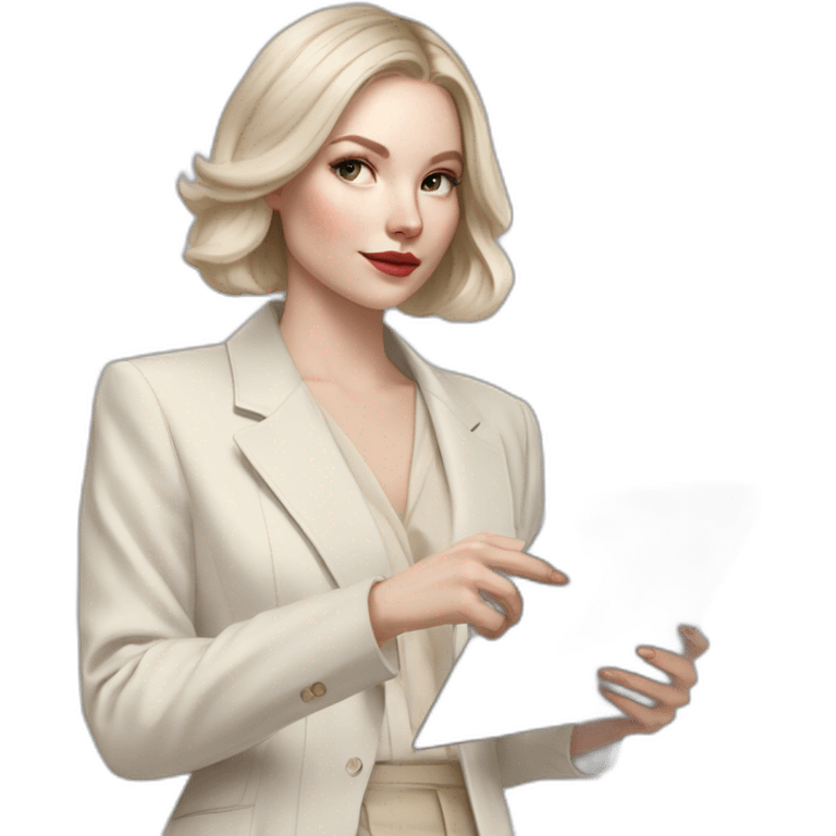 pale skin woman with ash blonde Straightened bob Hair, White Spacious classical jacket, beige palazzo Arrow pants and gray blouse holding RAL colour palette in the hands emoji