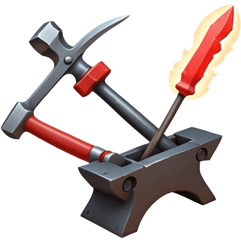 Blacksmithing icon, forged metal piece being shaped with hammer and anvil, glowing red-hot metal, blacksmith tools like tongs and chisel, sparks flying, minimalistic style, clean lines, transparent background. emoji