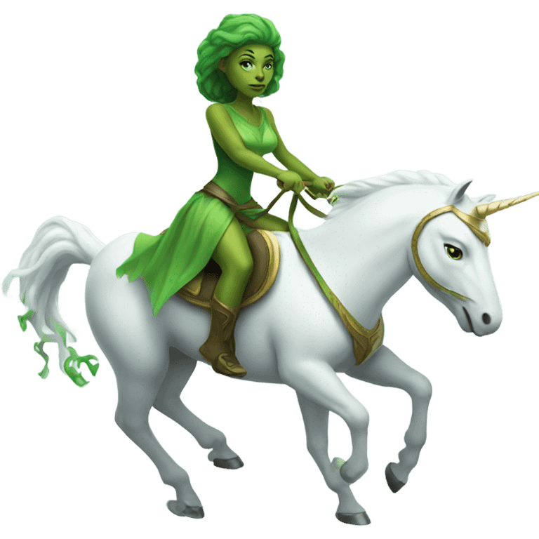 a green amazon alien woman on a white unicorn emoji