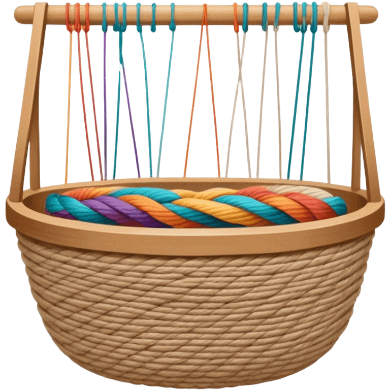 Weaving icon, various types of weaving such as basket weaving, macramé, and loom weaving, showing intertwined threads or ropes, weaving tools like shuttle, crochet hook, and loom, minimalistic style, clean lines, transparent background. emoji