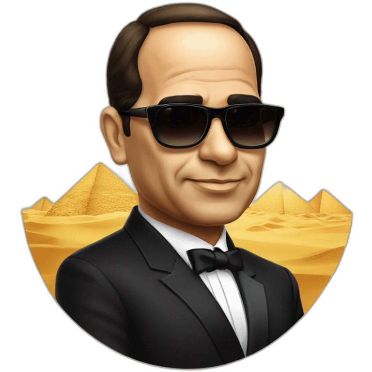 Satirical cartoon Egyptian President Al Sisi in a tuxedo wearing sun glasses with egyptian flag emoji