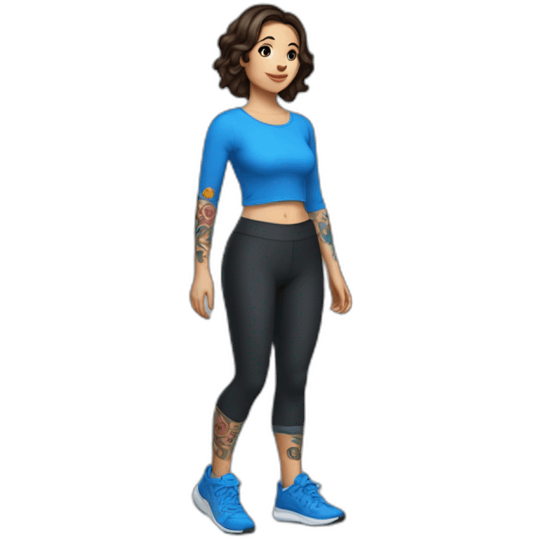 Short brunette, leggings, blue walking shoes, half tattoo sleeve emoji