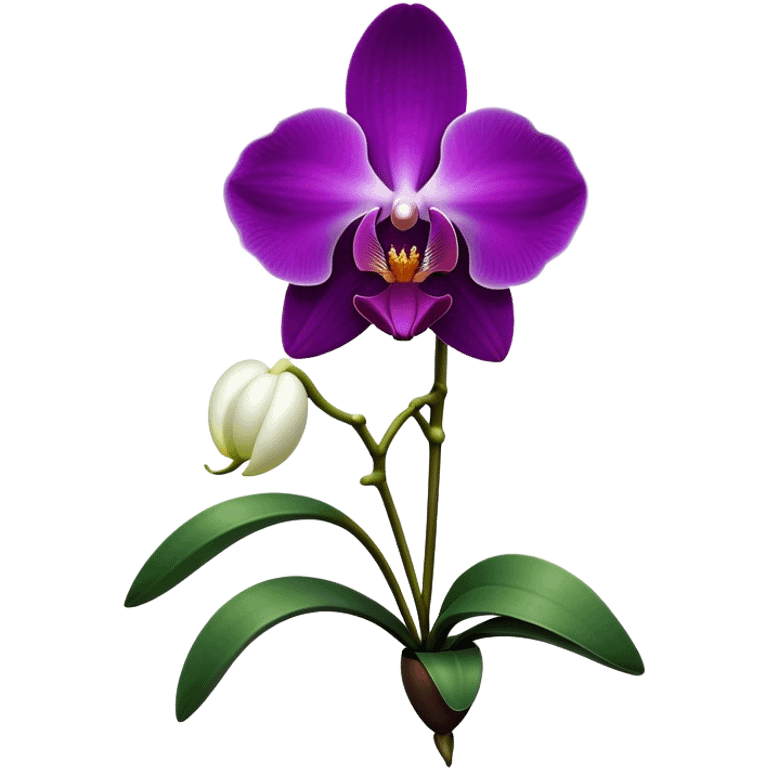 Cinematic Realistic Orchid Emoji, Exotic and elegant, with intricate, velvety petals in deep purple and white, forming a delicate and symmetrical blossom. The slender green stem holds the flower high, while surrounding leaves add lush contrast. Soft glowing outline, capturing the essence of rare beauty and sophistication in a captivating orchid. emoji