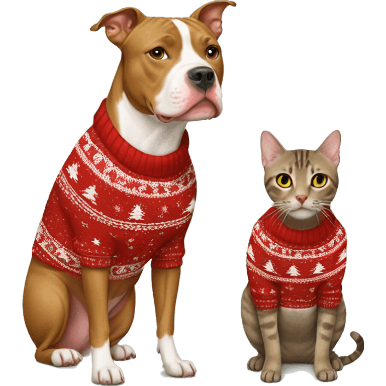 Tan pitbull and brown tabby cat in Christmas sweaters emoji