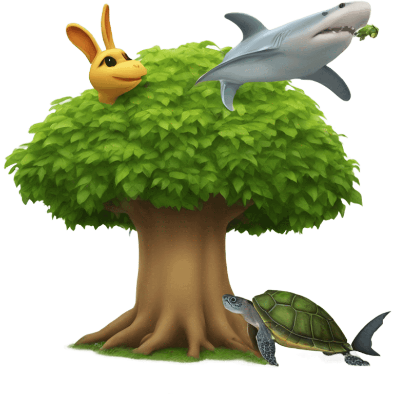 turtle hat giant bird rabbit shark on a giant tree emoji