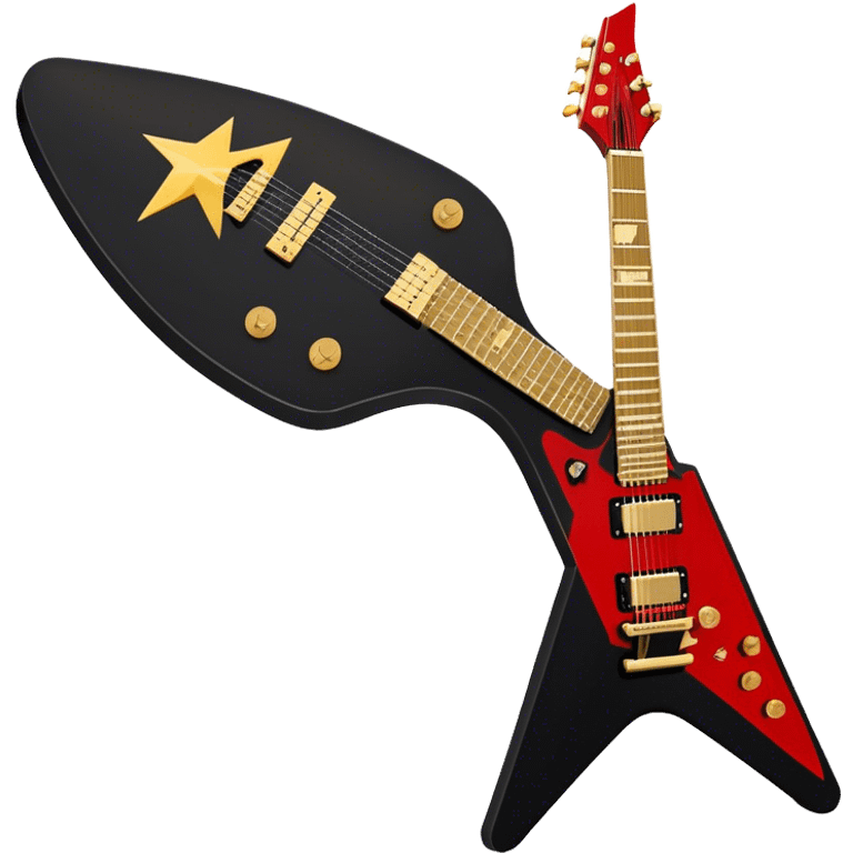 Create a bold and dynamic emoji representing the Epiphone Dave Mustaine Flying V Custom electric guitar. The design should feature the sharp, iconic V-shaped body of the guitar, with a custom finish reflecting Dave Mustaine’s signature style. Add intricate details like gold or chrome tuning pegs and pickups, with subtle graphics or patterns that reflect the aggressive, heavy metal aesthetic. Use a color palette of black, gold, and red, with a touch of metallic sheen for the high-end finish. The background should be transparent to emphasize the guitar's iconic shape emoji